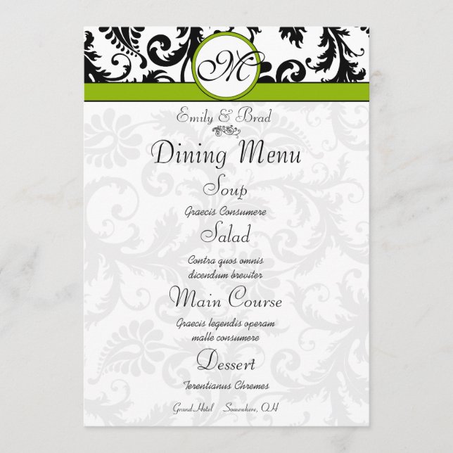 Menu Mariage vert Black Damask Swirl Apple (Devant)