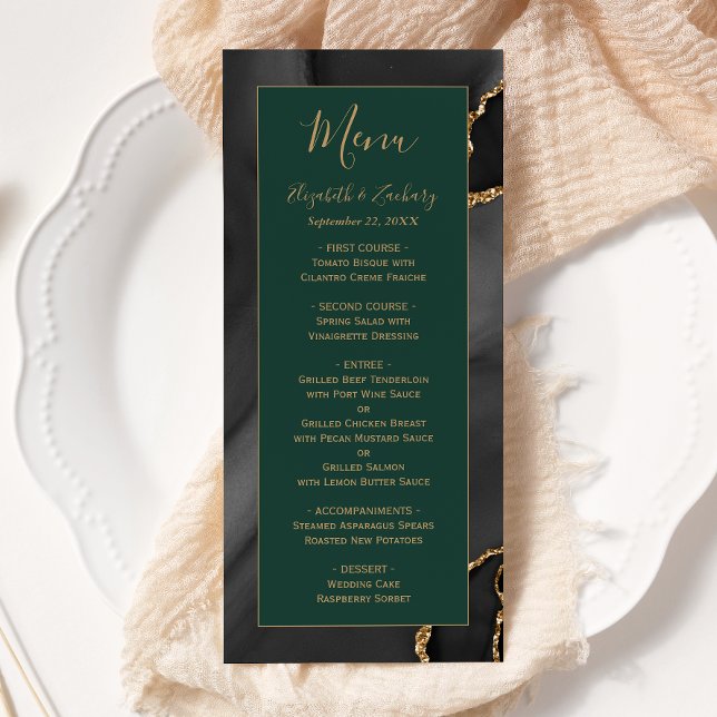 Menu Mariage vert émeraude moderne Black Gold Agate (Créateur téléchargé)