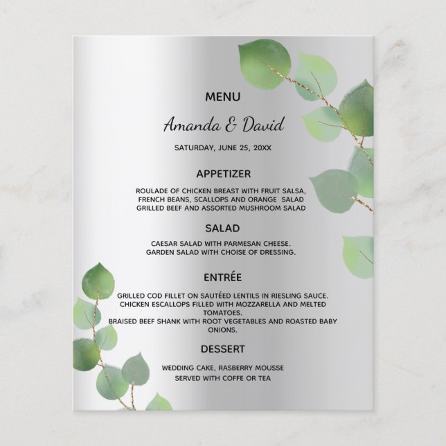 Menu mariage vert eucalyptus argent (Devant)