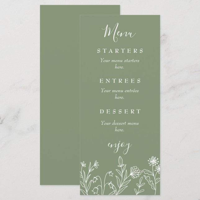 Menu Mariage vert fleur sauvage Boho (Devant / Derrière)