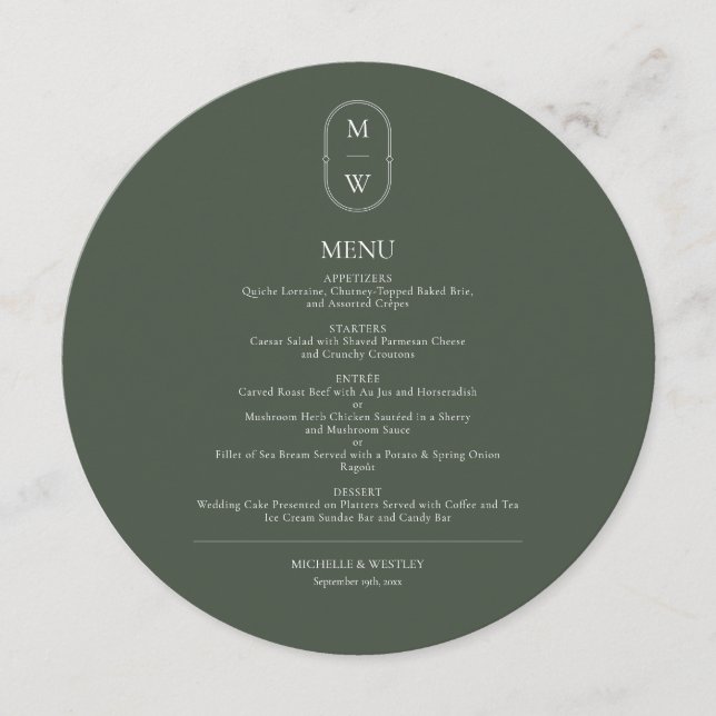 Menu Mariage vert monogramme minimaliste (Devant)