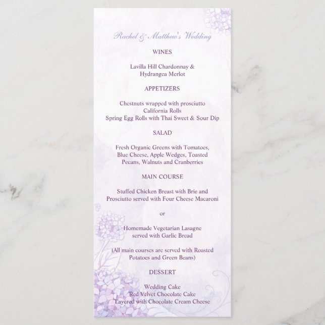 Menu Mariage vertical long Lavender Hydrangeas (Devant)