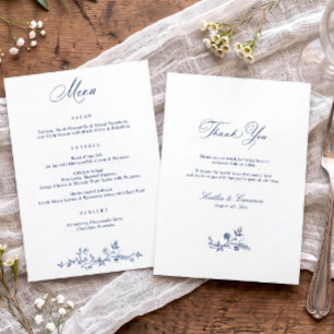 Menu Mariage victorien floral français bleu marine vint