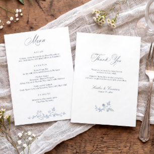 Menu Mariage victorien floral français bleu poussiéreux