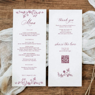 Menu Mariage victorien rouge vin floral français vintag