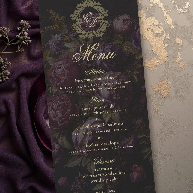Menu Mariage Victorien sombre à dentelle botanique blas (moody wedding invitation suite victorian lace dark purple burgundy peony old gold crest romantic)