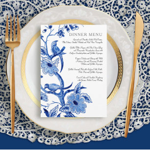 Menu Mariage Vintage Bleu Blanc Chinoiserie Floral