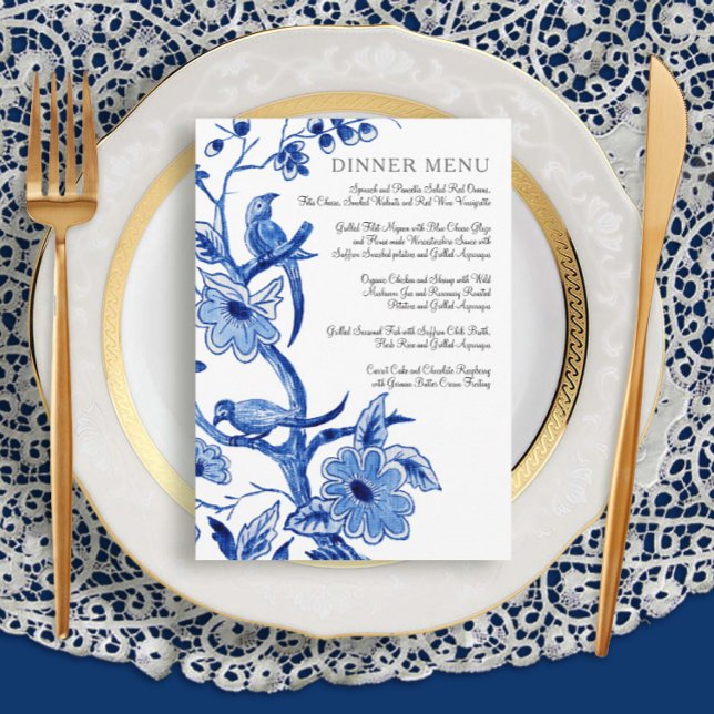 Menu Mariage Vintage Bleu Blanc Chinoiserie Floral (Créateur téléchargé)