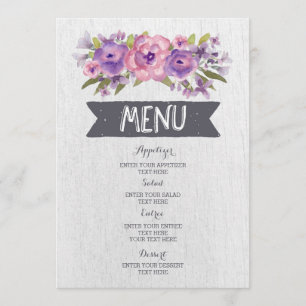 Menu Mariage vintage Fleurs d'aquarelle violette