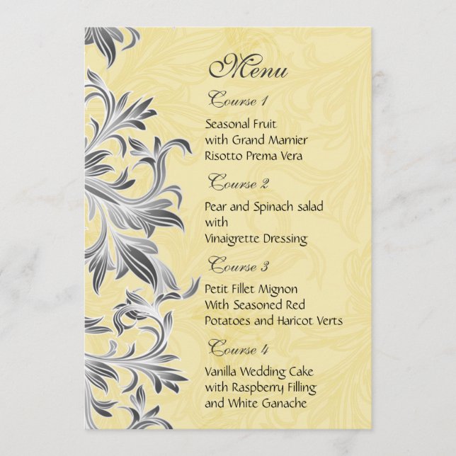 Menu Mariage Vintage jaune et gris (Devant)