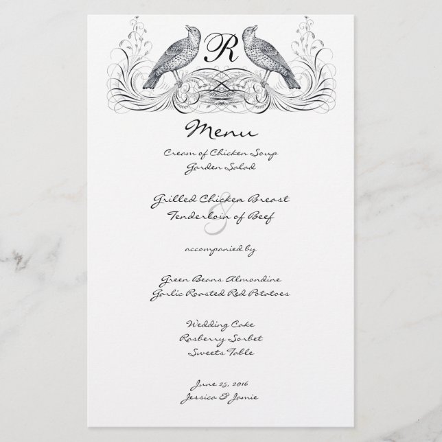 Menu Mariage vintage Lovebird (Devant)