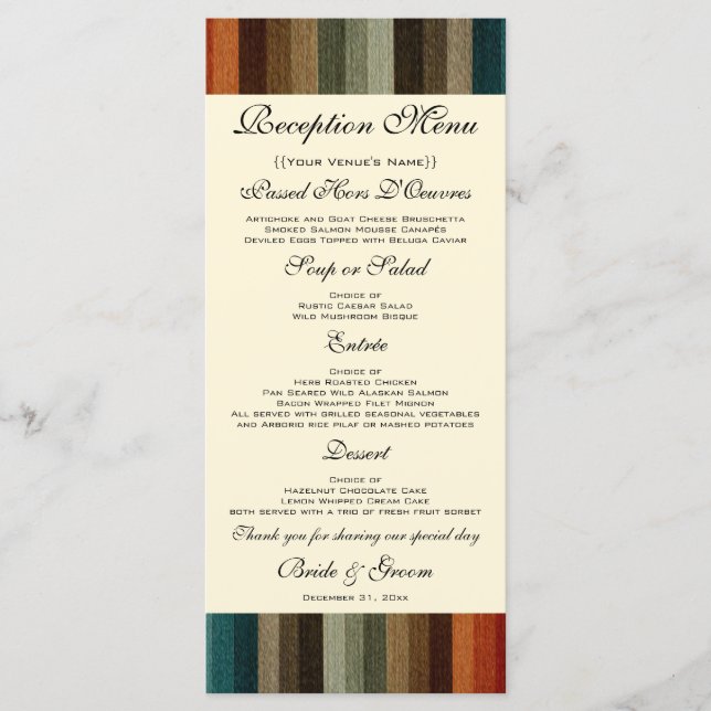 Menu Mariage vintage, Motif des rayures d'automne chaud (Devant)