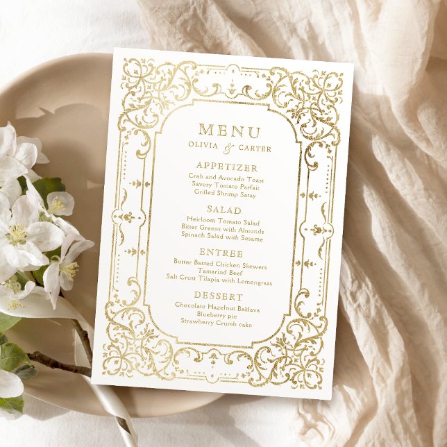 Menu Mariage vintage or élégant romantique orné (Gold elegant romantic ornate vintage wedding menu)