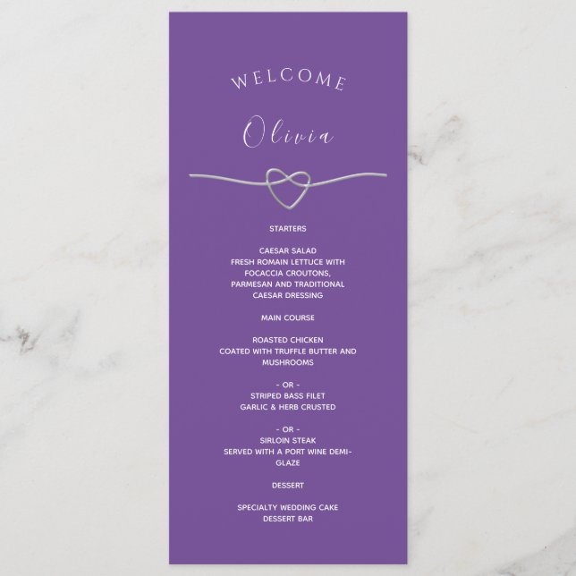Menu Mariage violet avec nom et coeur argenté (Devant)