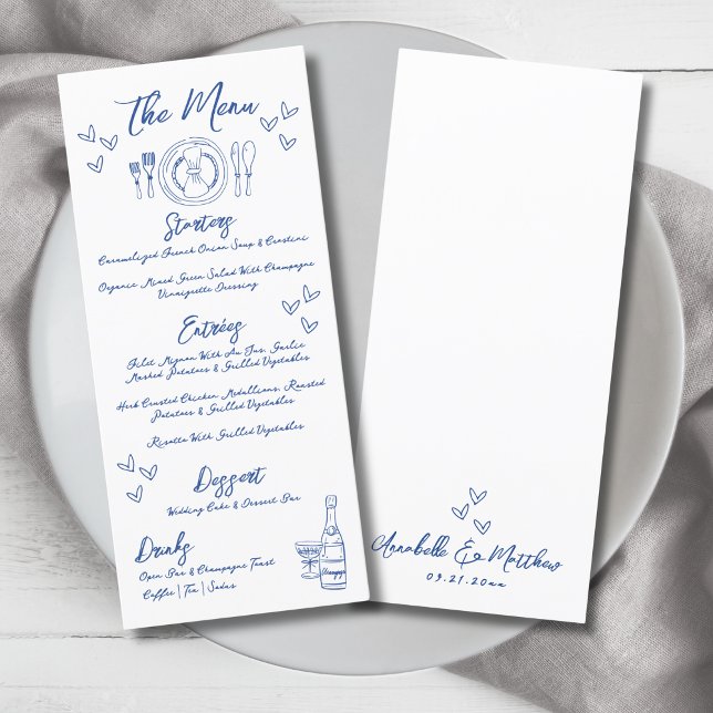 Menu Mariage Whimsical bleu dessiné à la main (Hand Draw Blue Whimsical Wedding Menu)