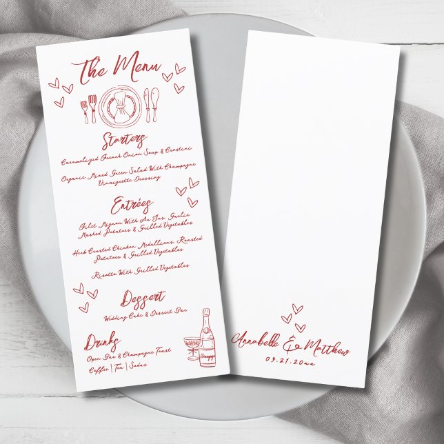 Menu Mariage Whimsical rouge français tiré à la main (Hand Draw French Red Whimsical Wedding Menu)