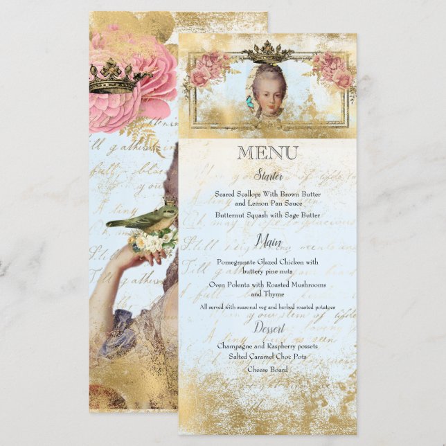 Menu Marie Antoinette French inspiré shabby Party (Devant / Derrière)