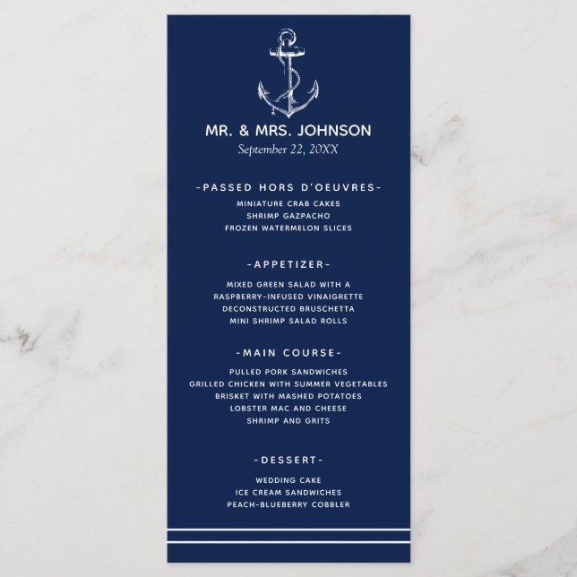 Menu Marine Ancre blanche marine Mariage côté mer (Devant)