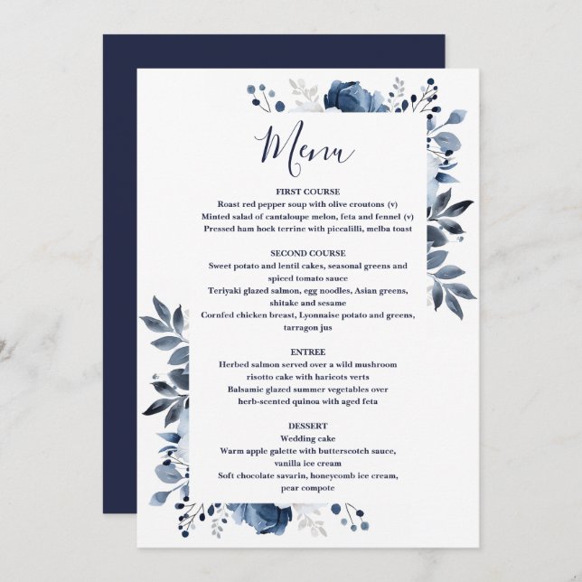 Menu Marine Bleu Pays Élégant Floral Mariage (Devant / Derrière)