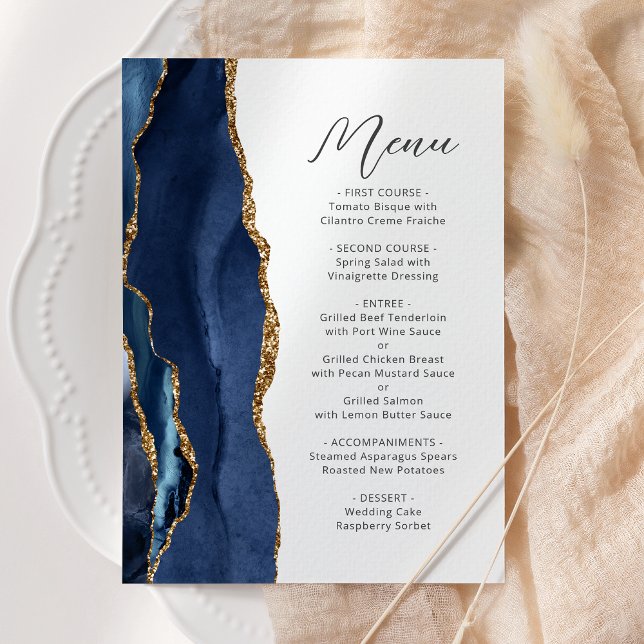 Menu Marine Blue Gold Agate Modern Script Mariage (Créateur téléchargé)