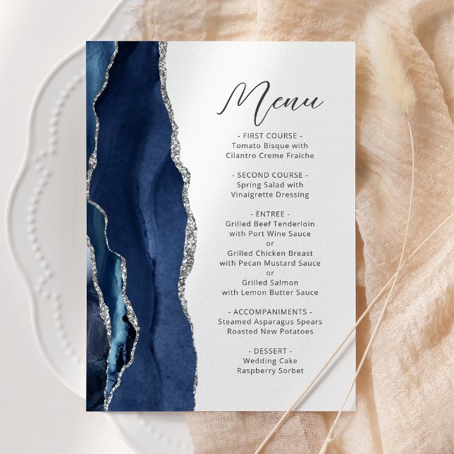 Menu Marine Blue Silver Agate Modern Script Mariage (Créateur téléchargé)