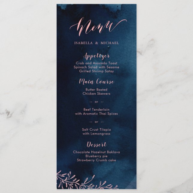 Menu Marine blush calligraphie rustique floral mariage  (Devant)