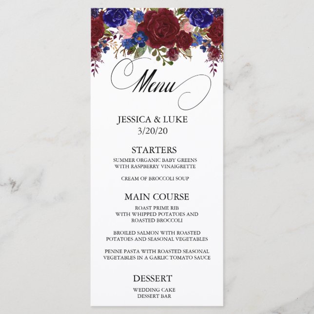Menu Marine Bourgogne Florale Mariage Calligraphie (Devant)