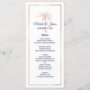 Menu Marine Rose Gold Copper Palm Tree Beach Mariage