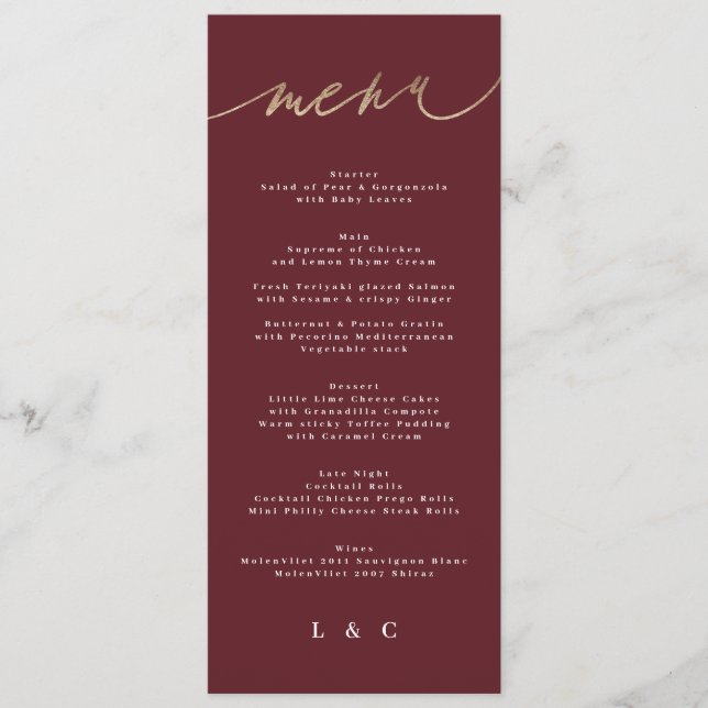 Menu Maroon Elegant Rouge foncé Plum Bourgogne Mariage (Devant)