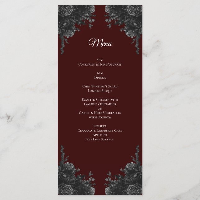 Menu Maroon Rose noir Mariage gothique (Devant)