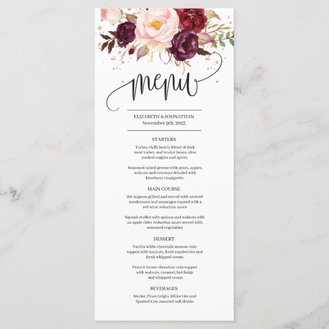 Menu Marsala rouge rousse rose pâle rose peonées (Devant)