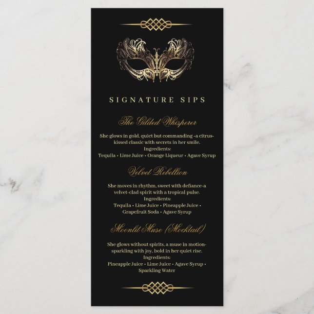 Menu Mask Black Gold 50th Masquerade Birthday  (Devant)