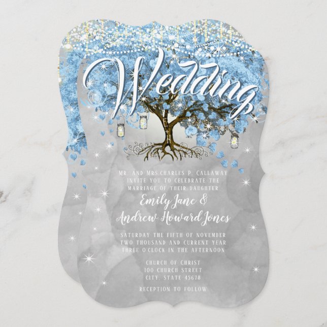 Menu Mason Jar Blue Heart Leaf Tree Watercolor Invitation (Front/Back)