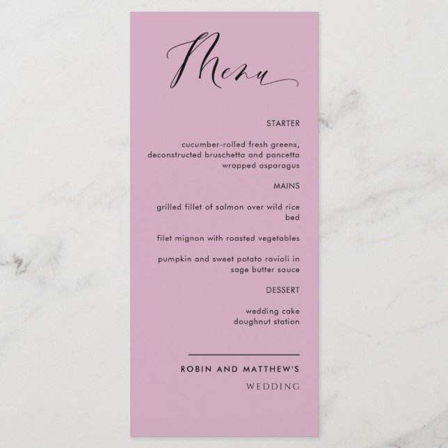 Menu Mauve Élégant, Calligraphie Mariage / Réception (Devant)