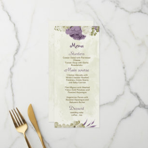 Menu mauve fleurs blanches verdure mariage