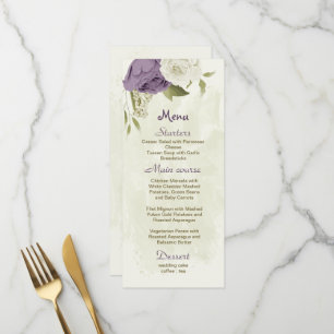 Menu mauve fleurs blanches verdure mariage
