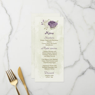 Menu mauve fleurs blanches verdure mariage