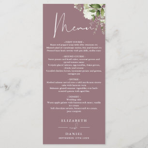 Menu Mauve Floral Greenery Monogram Dîner Mariage