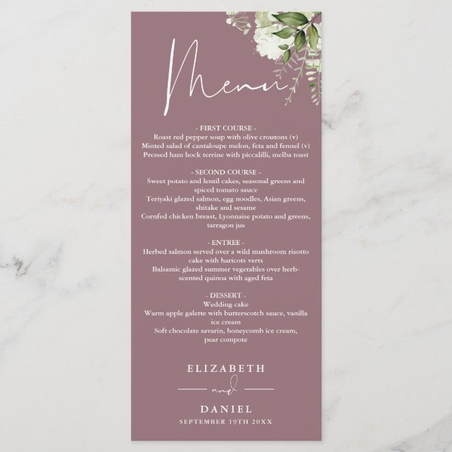 Menu Mauve Floral Greenery Monogram Dîner Mariage (Devant)