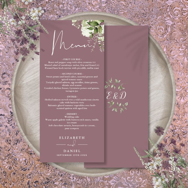 Menu Mauve Floral Greenery Monogram Dîner Mariage (Mauve Floral Greenery Monogram Wedding Dinner Menu)