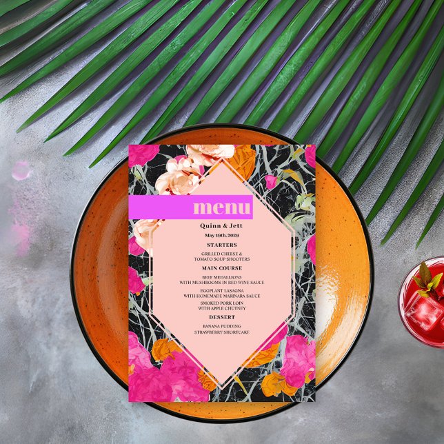 Menu Maximaliste marbré moderne Mariage floral (Créateur téléchargé)