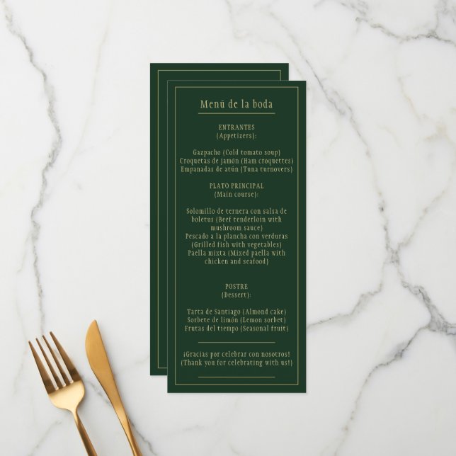 Menu Menú Bodas Oro Verde Bilingüe Español Inglés (Devant/Arrière en situation)