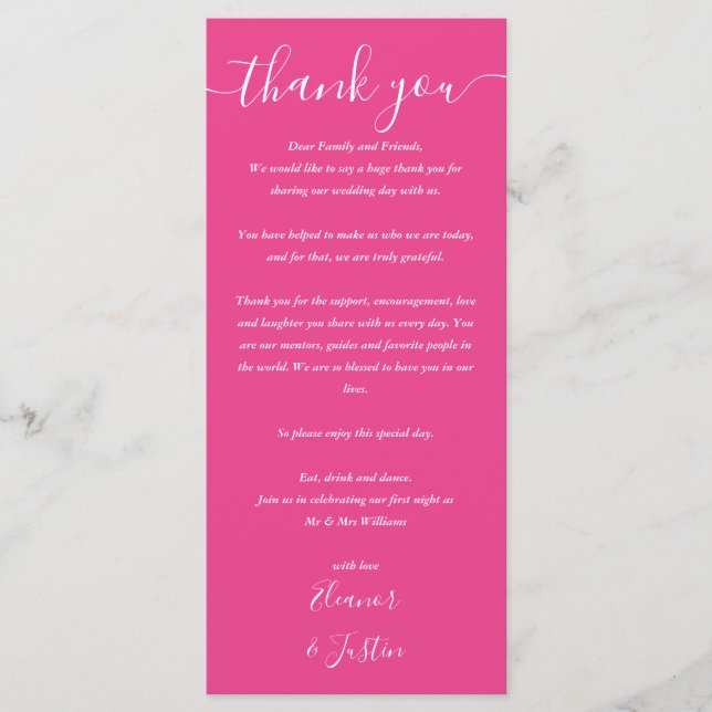 Menu Merci De Réception Mariage Hot Rose Place Card (Devant)