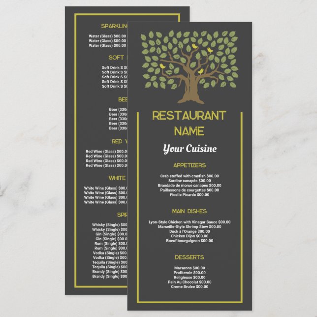 Menu mince de Tree Bird, Restaurant (Devant / Derrière)