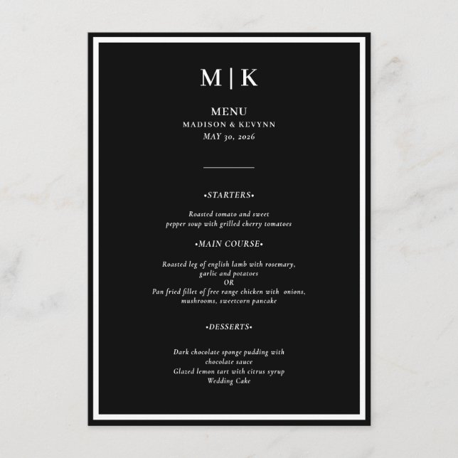 Menu Minimal et chic | Mariage noir et blanc (Devant)