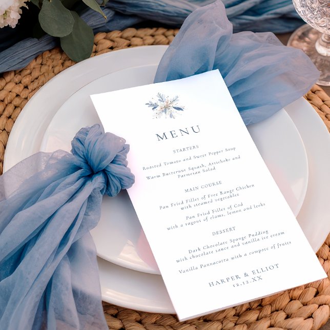 Menu Minimalist Blue Snowflake Winter Wedding (Créateur téléchargé)