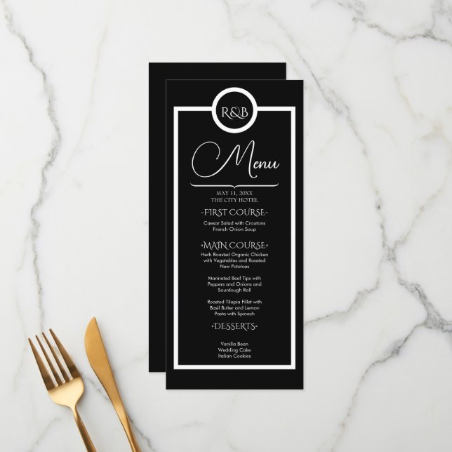 Menu Minimalist Elegant Black & White Wedding (Devant/Arrière en situation)