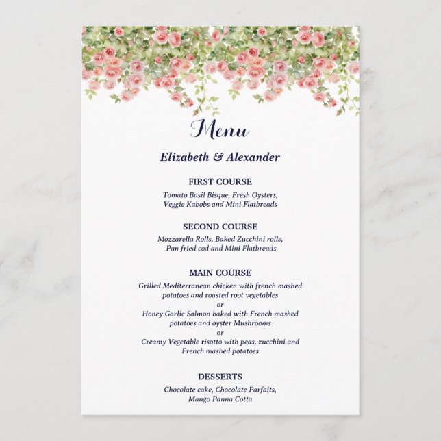 Menu Minimalist Simple Pretty rose vine floral wedding (Devant)