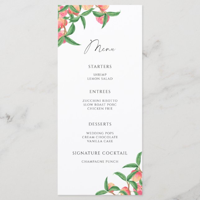 Menu minimaliste aux pêches élégantes aquarelle (Devant)