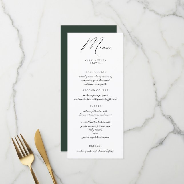 Menu minimaliste calligraphie moderne (Devant/Arrière en situation)
